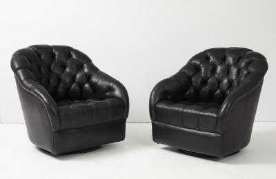 Pair of Vintage Ward Bennett Brickell Leather swivel lounge chairs ottoman