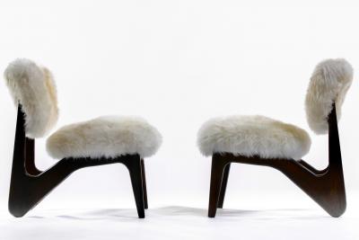 Pair of Walnut Mid Century Modern Sculptural Chairs in New Ivory Sheepskins