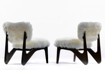 Pair of Walnut Mid Century Modern Sculptural Chairs in New Ivory Sheepskins