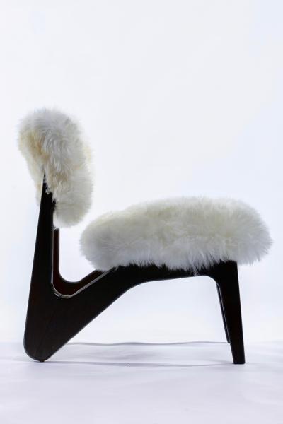 Pair of Walnut Mid Century Modern Sculptural Chairs in New Ivory Sheepskins