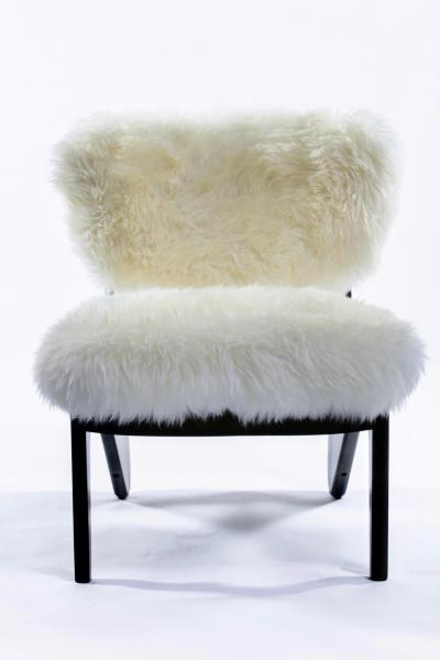 Pair of Walnut Mid Century Modern Sculptural Chairs in New Ivory Sheepskins