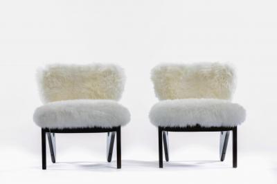 Pair of Walnut Mid Century Modern Sculptural Chairs in New Ivory Sheepskins