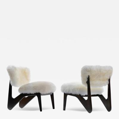 Pair of Walnut Mid Century Modern Sculptural Chairs in New Ivory Sheepskins