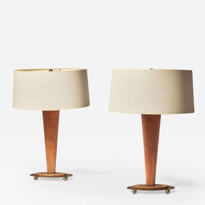 Pair of Walnut and Brass Table Lamps