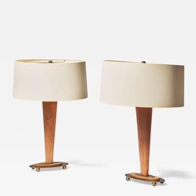 Pair of Walnut and Brass Table Lamps