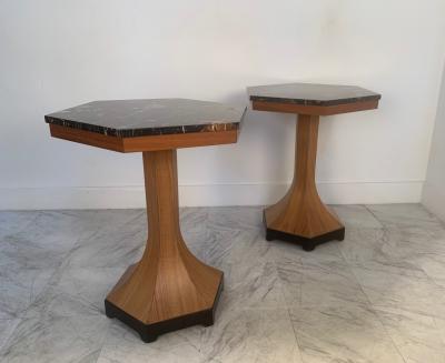 Pair of Walnut and Marble Top Pedestal Tables