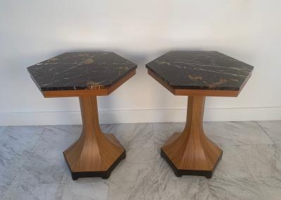 Pair of Walnut and Marble Top Pedestal Tables