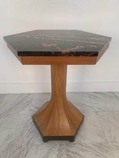 Pair of Walnut and Marble Top Pedestal Tables