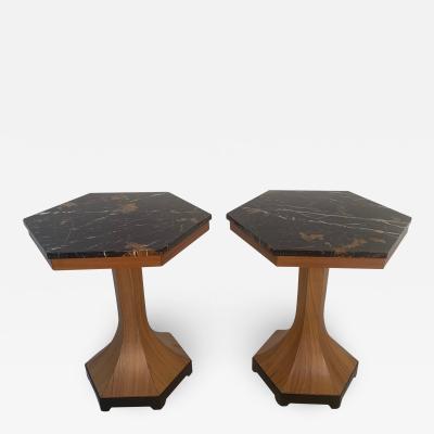 Pair of Walnut and Marble Top Pedestal Tables