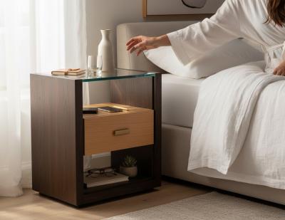 Pair of Walnut and Oak Large Glass Top Nightstand End Tables