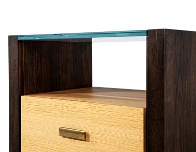 Pair of Walnut and Oak Large Glass Top Nightstand End Tables