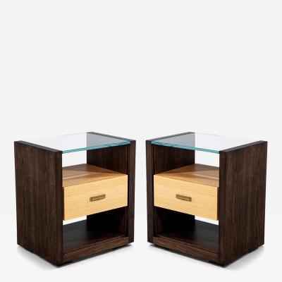 Pair of Walnut and Oak Large Glass Top Nightstand End Tables