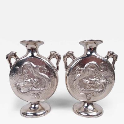 Pair of Wang Hing Chinese Export Silver Dragon Moon Vases