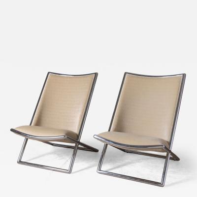 Pair of Ward Bennett Scissor Lounge Chairs in Chrome with Original Taupe Mohair