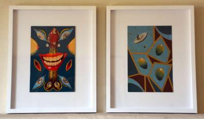 Pair of Whimsical Surrealist Oil On Panel Paintings in Shadow Boxes