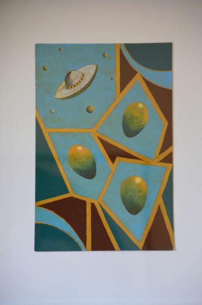 Pair of Whimsical Surrealist Oil On Panel Paintings in Shadow Boxes