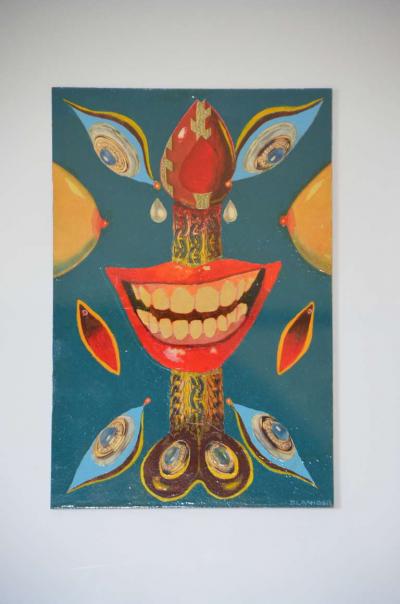 Pair of Whimsical Surrealist Oil On Panel Paintings in Shadow Boxes