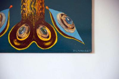 Pair of Whimsical Surrealist Oil On Panel Paintings in Shadow Boxes