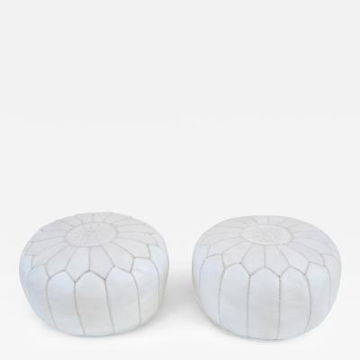 Pair of White Leather Stitched Poufs Ottomans