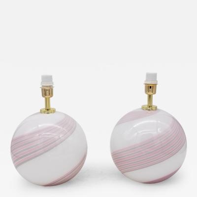 Pair of White Pink and Gray Swirl Murano Glass Lamps Italy 2010s