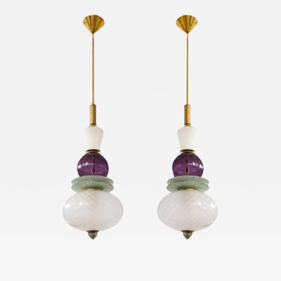 Pair of White Purple Sage Green Murano Glass Globes and Brass Pendants Italy