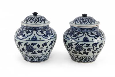 Pair of White and Blue Pattern Lidded Porcelain Ginger Jars