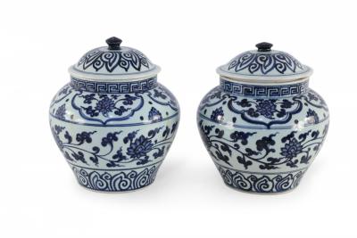 Pair of White and Blue Pattern Lidded Porcelain Ginger Jars