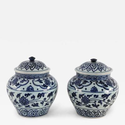Pair of White and Blue Pattern Lidded Porcelain Ginger Jars