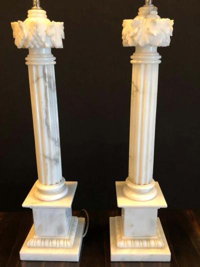 Pair of White and Grey Veined Column Marble Table Lamps with Custom Shades