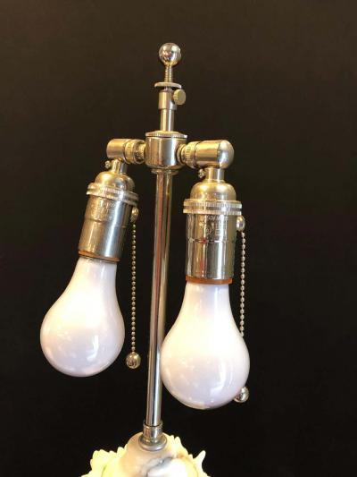 Pair of White and Grey Veined Column Marble Table Lamps with Custom Shades