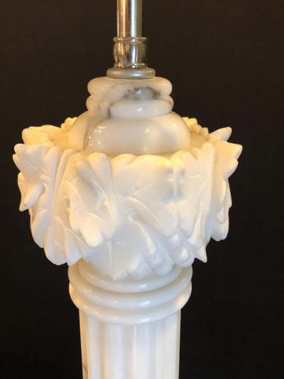 Pair of White and Grey Veined Column Marble Table Lamps with Custom Shades