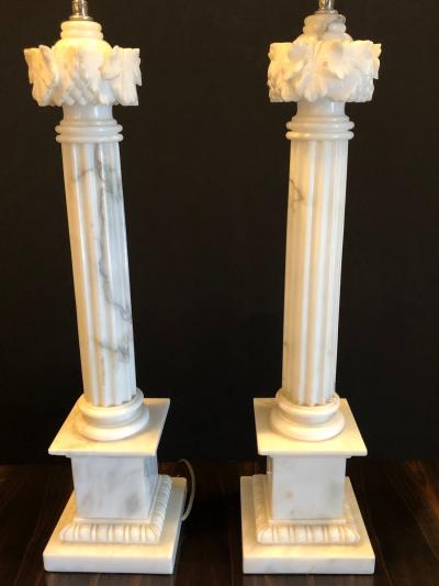 Pair of White and Grey Veined Column Marble Table Lamps with Custom Shades