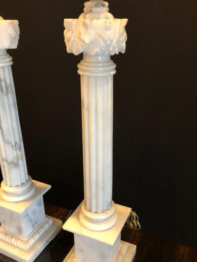 Pair of White and Grey Veined Column Marble Table Lamps with Custom Shades