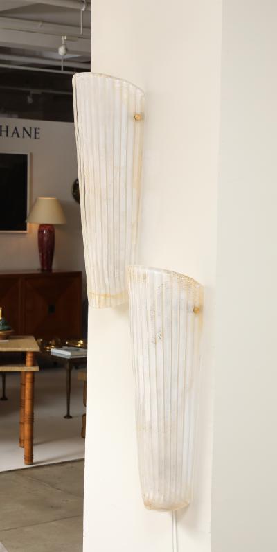 Pair of White with 23k Gold Murano Glass and Brass Sconces Italy