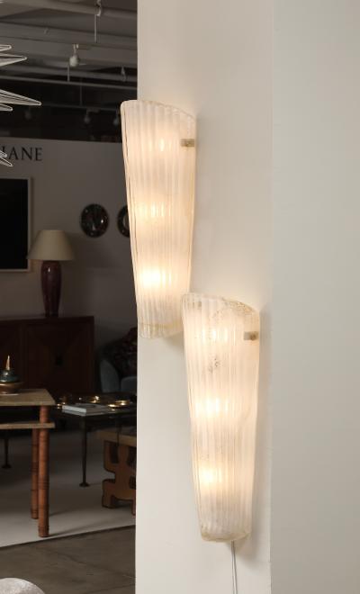 Pair of White with 23k Gold Murano Glass and Brass Sconces Italy