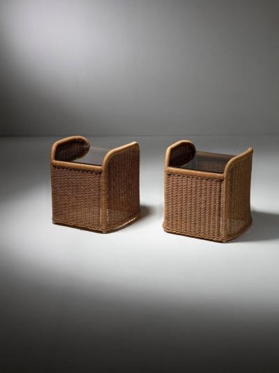 Pair of Wicker and Glass Night Stands by Adalberto Dal Lago for Germa