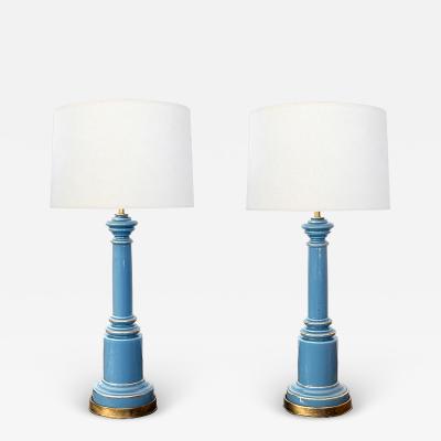 Pair of Wilmar Lamp Co Steel Blue Cased Glass Columnar Lamps