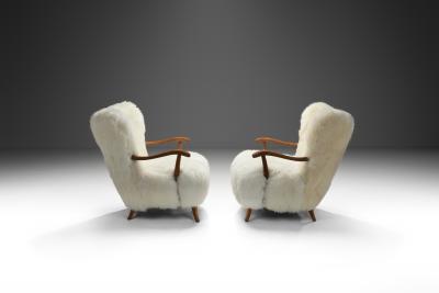 Pair of Wingback Armchairs in Sheepskin Europe 20th Century
