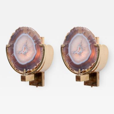 Pair of Wonderful Agate Stone and Brass Wall Lamps or Sconces