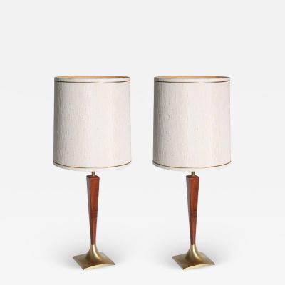 Pair of Wood and Brass Lamps