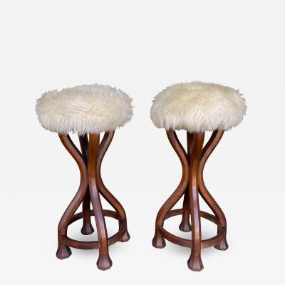 Pair of Wood and Sheepskin Bar Stools Italy 1970s