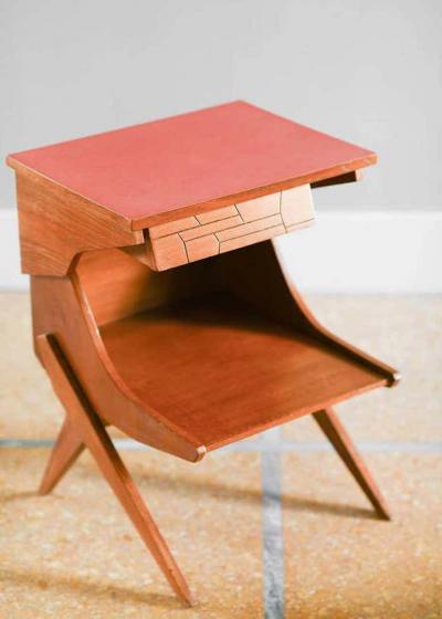 Pair of Wooden Bedside Tables with Colored Formica Top 1950 Set of 2