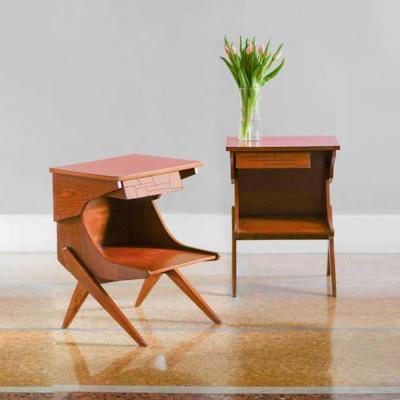 Pair of Wooden Bedside Tables with Colored Formica Top 1950 Set of 2