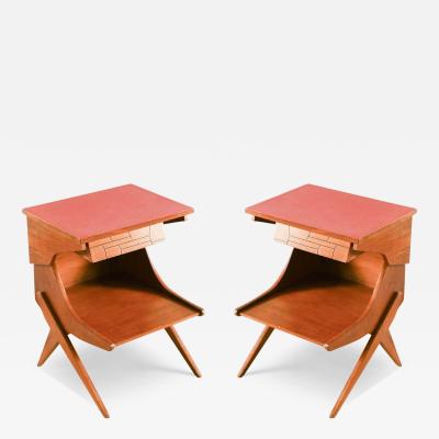 Pair of Wooden Bedside Tables with Colored Formica Top 1950 Set of 2