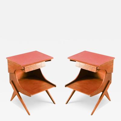 Pair of Wooden Bedside Tables with Colored Formica Top 1950 Set of 2