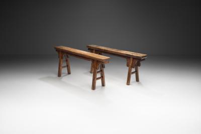 Pair of Wooden Elm Chinese Benches China Early 20th Century