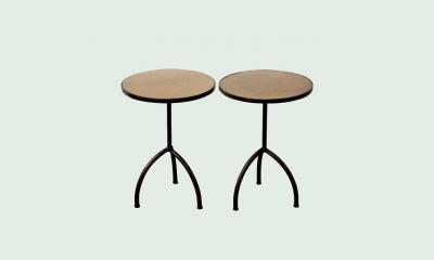 Pair of Wrought Iron With Etched Brass Top Side Tables