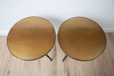 Pair of Wrought Iron With Etched Brass Top Side Tables