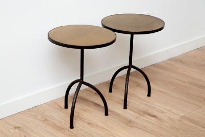 Pair of Wrought Iron With Etched Brass Top Side Tables