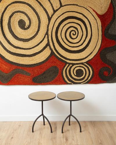 Pair of Wrought Iron With Etched Brass Top Side Tables